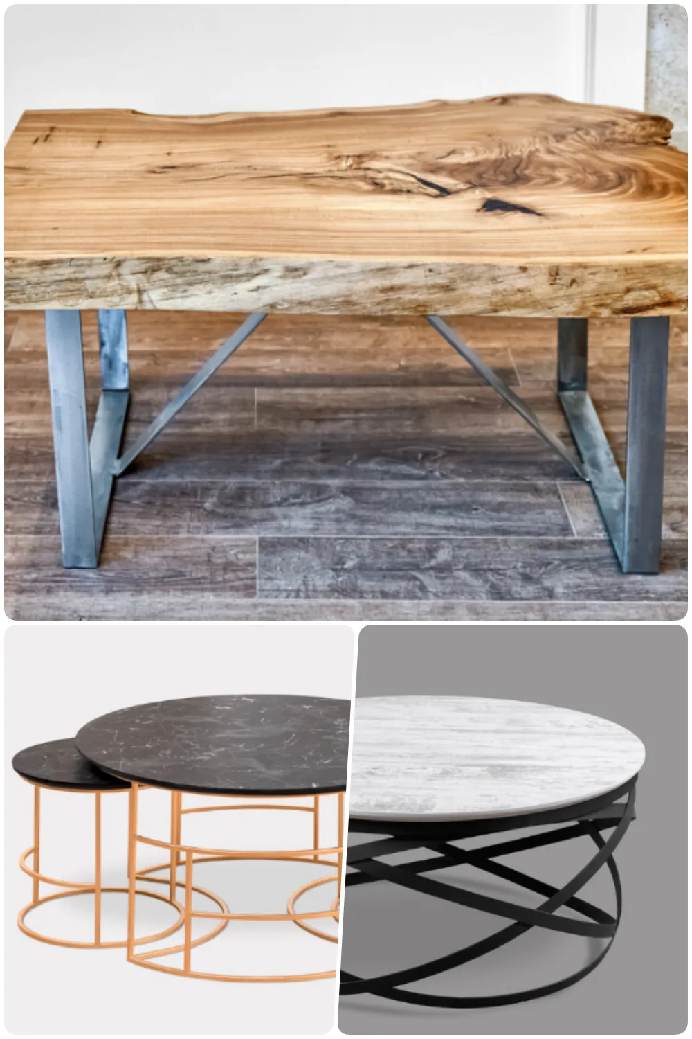 Wooden coffee table with metal legs alongside two sets of round nesting tables with marble tops