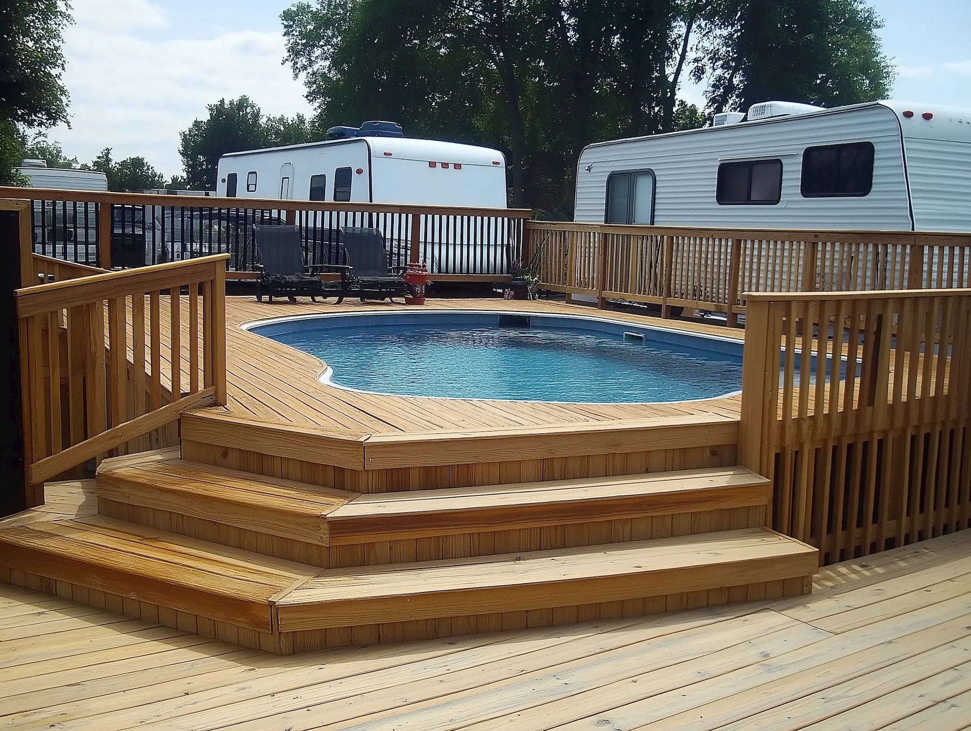 Wooden deck with steps leading to a round pool surrounded by trailers and trees