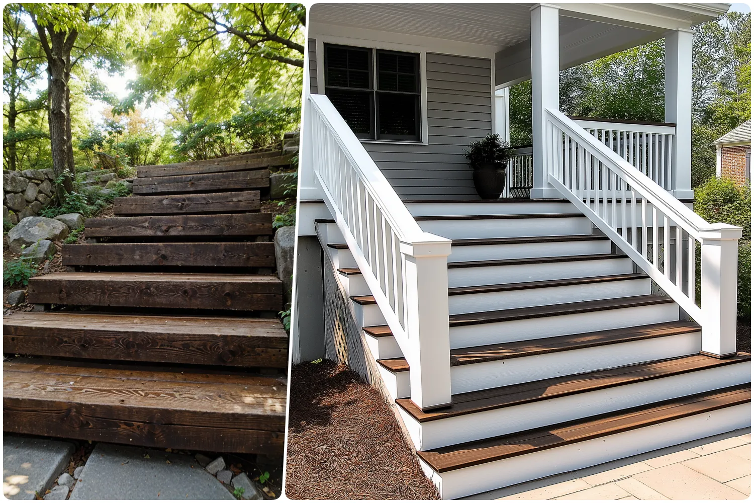 Wooden outdoor steps winding through greenery and stones and White railing staircase leading to a house with landscaped surroundings