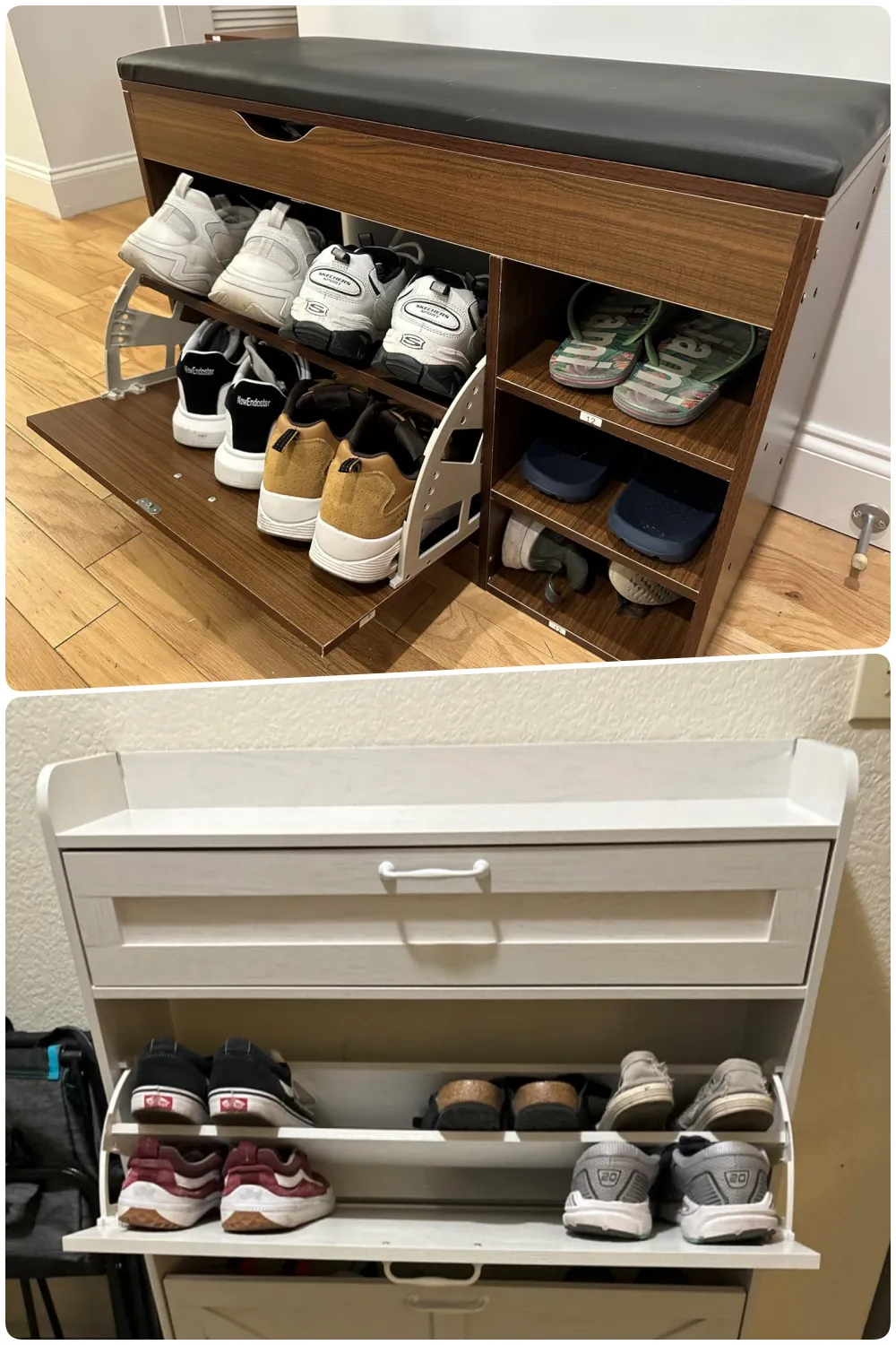 Wooden shoe storage bench with black cushion and multiple pairs of shoes visible, entrance home mudroom, White shoe storage unit with drawer and several pairs of shoes displayed