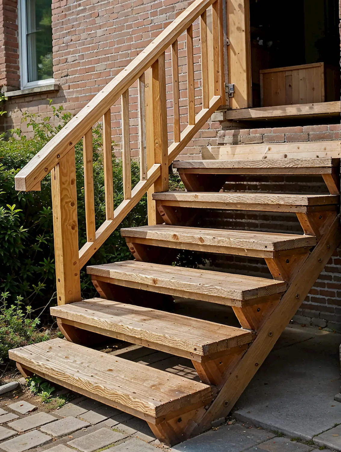 Wooden staircase with a railing leading to a brick building with greenery