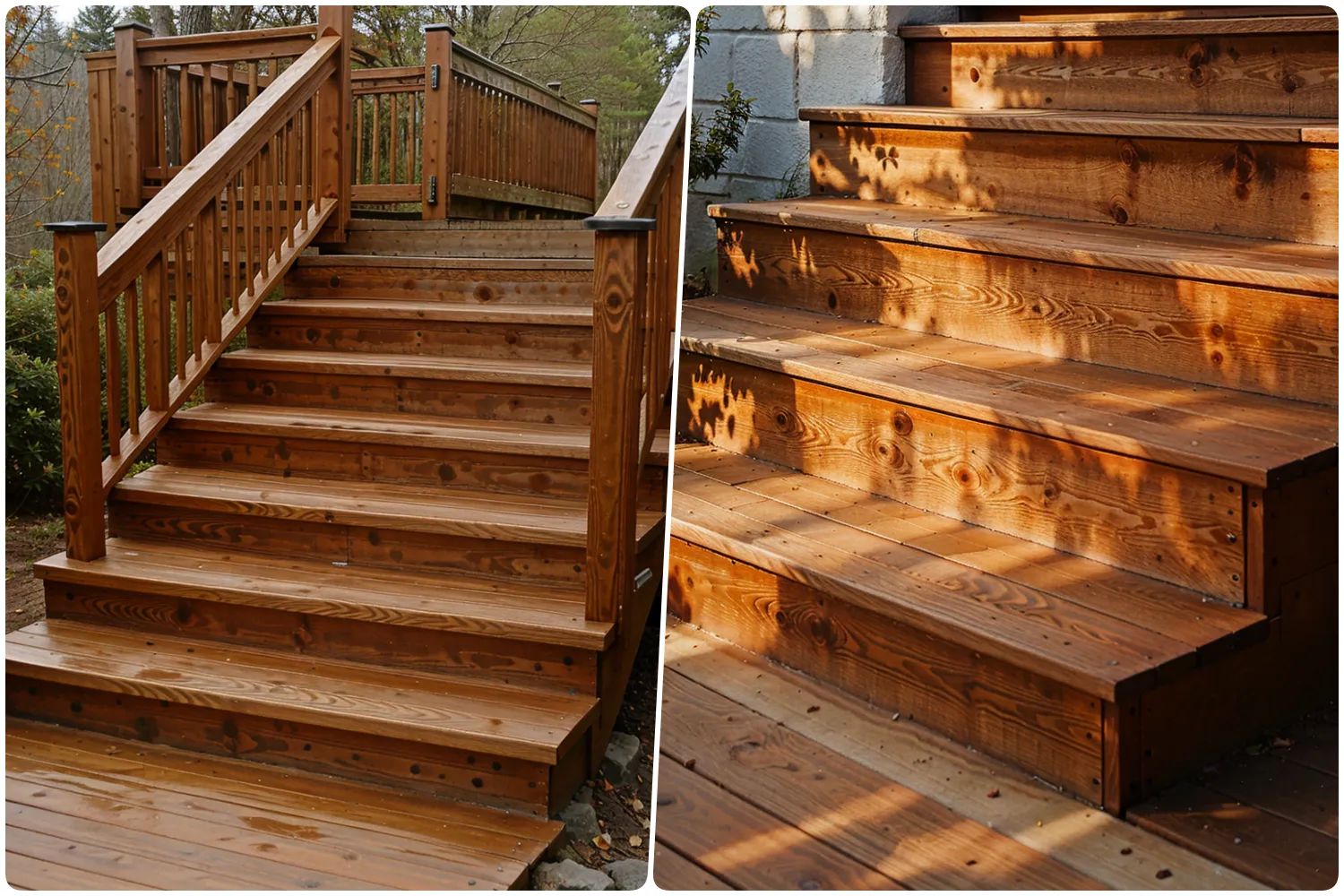 Wooden stairs with a railing leading to a deck surrounded by greenery and Close-up view of polished wooden stairs showing texture and sunlight shadows