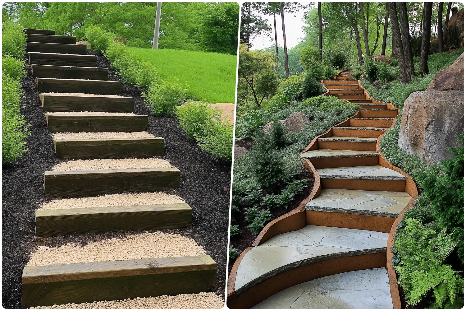 Wooden steps ascending through a green garden with black mulch on the sides, Curved stone steps winding through lush plants and trees in a wooded area