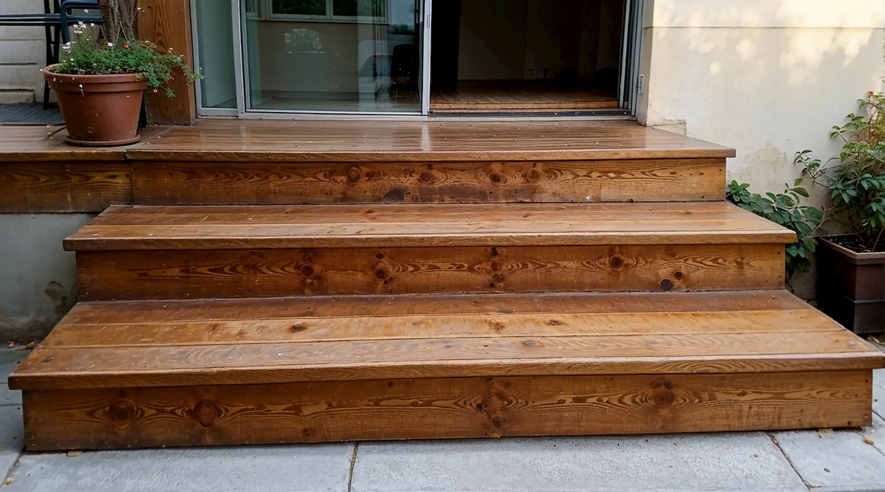 Wooden steps leading to a glass door with potted plants on the side