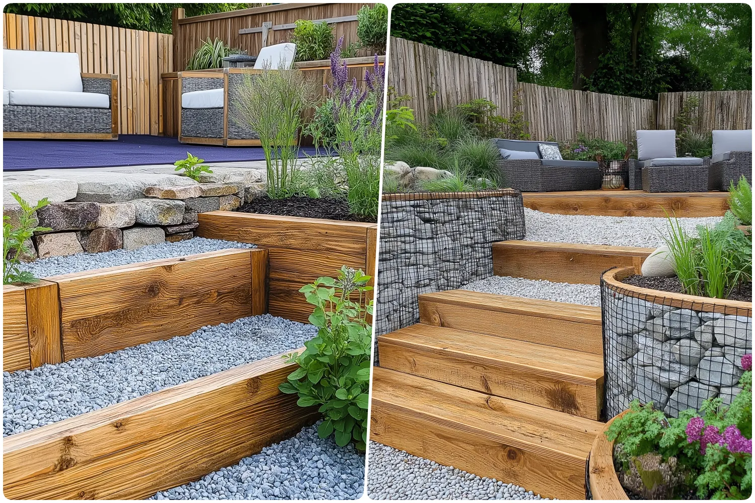 Wooden steps leading up through gravel and plants to a seating area with outdoor furniture, Stepped garden design featuring wooden and stone walls with plants and gravel path