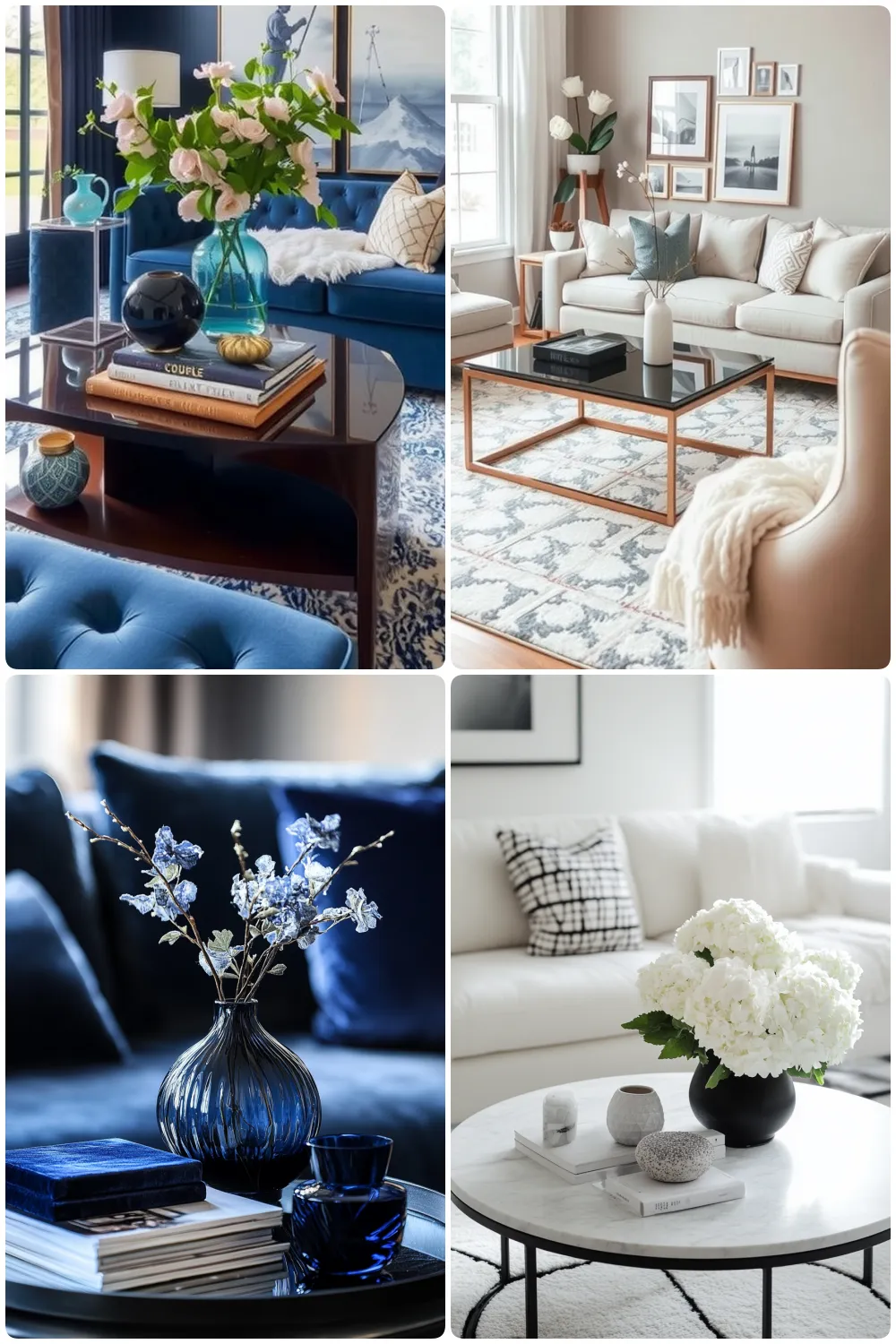 coffee table decor features blue sofas with flowers and decor cozy cream seating area with a rug close-up of blue vase with white flowers and decorative accents