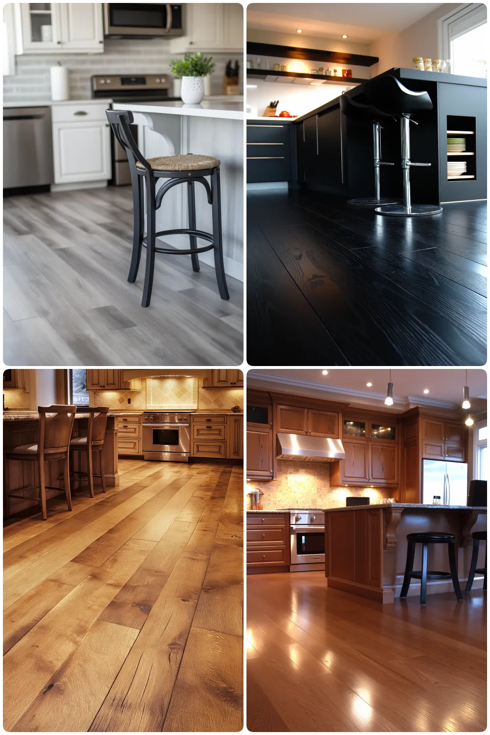 laminate flooring, four stylish kitchen floor designs featuring gray black light brown and dark wood finishes