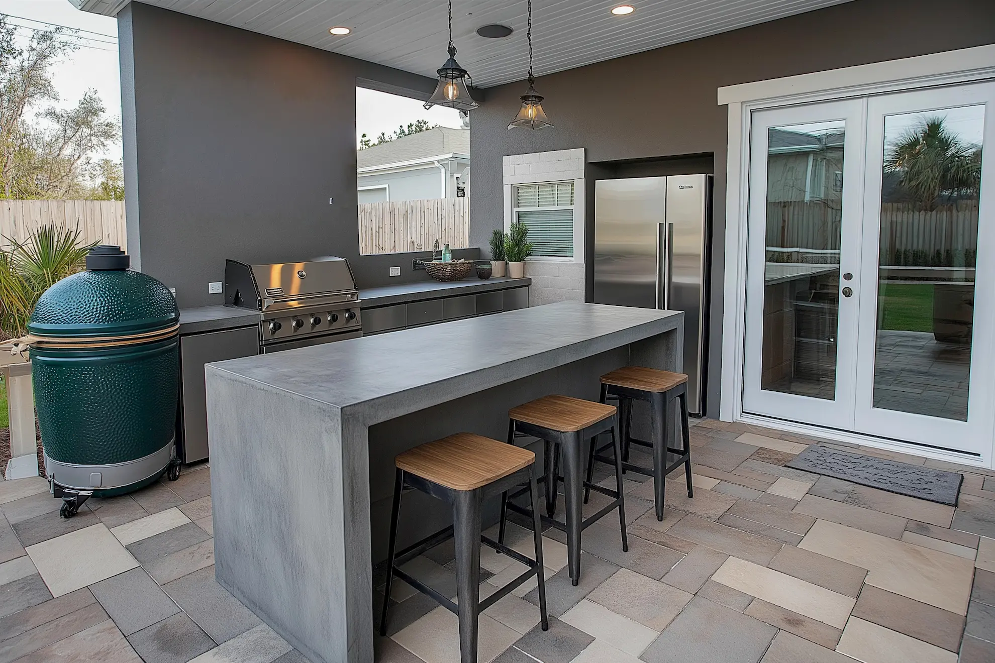 minimalist Outdoor kitchen with a grill bar stools and green egg grill under pendant lights