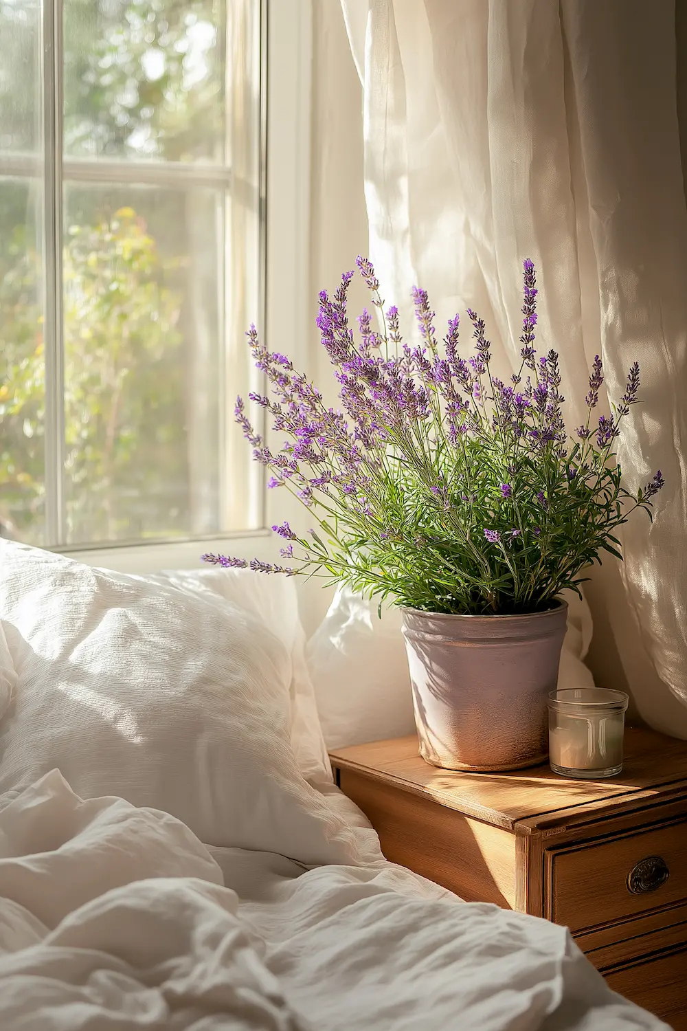 serene bedroom featuring a potted lavender plant on a wooden nightstand next to a large window. Soft, natural light floods in, illuminating the delicate purple flowers and green leaves