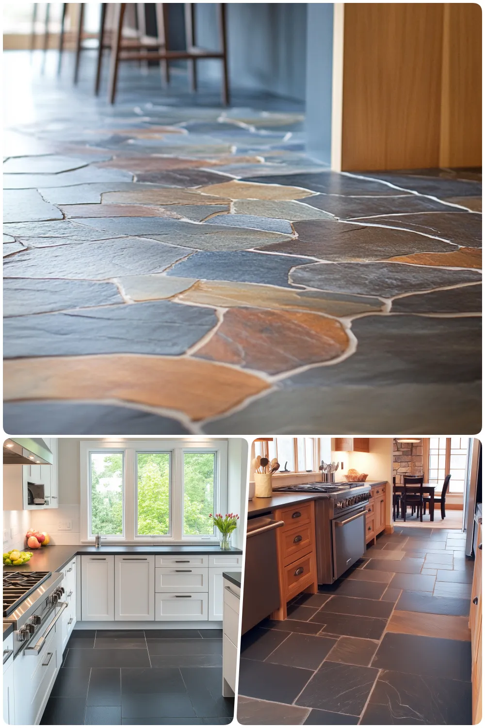 slate stylish kitchen with slate flooring featuring multicolored stone patterns and modern appliances