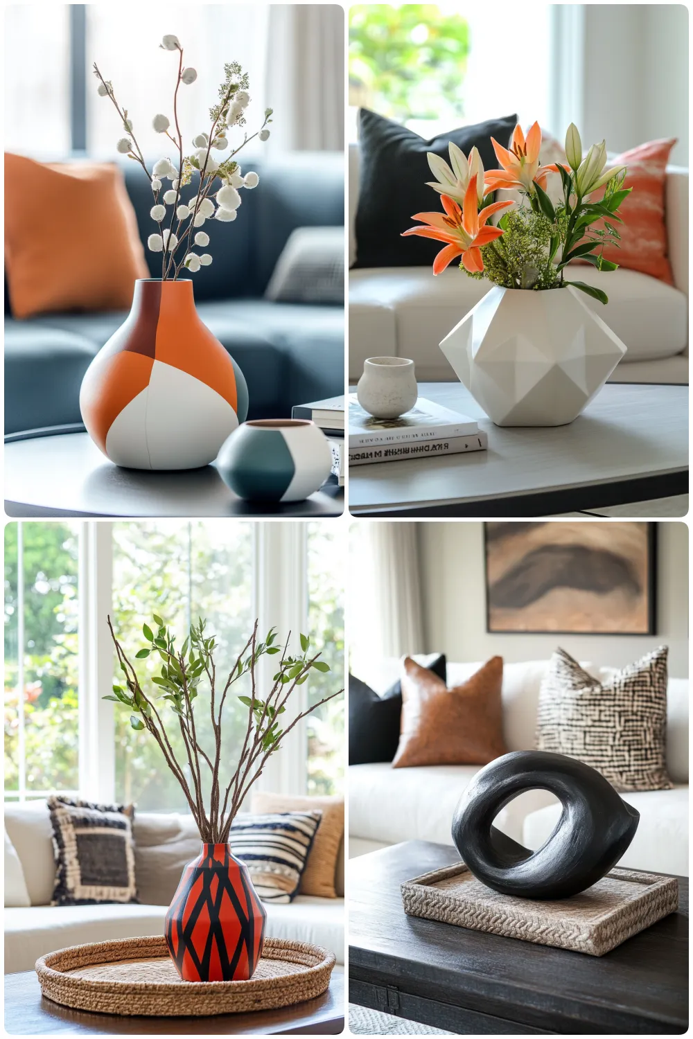 stylish modern living room, elegant vases with vibrant flowers and greenery are artfully arranged showcasing geometric designs and cheerful colors