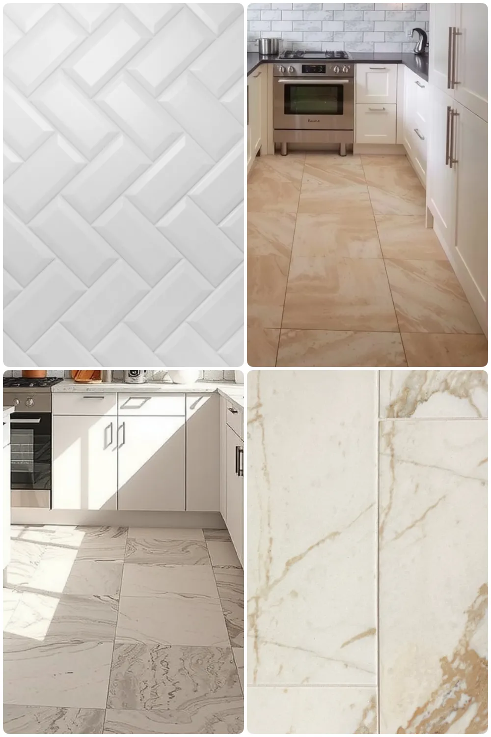 various kitchen tile designs featuring white herringbone and ceramic, porcelain patterns