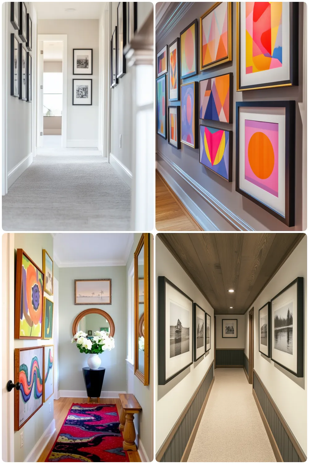 Artistic hallway decor showcasing vibrant framed artwork and stylish mirrors in varied styles