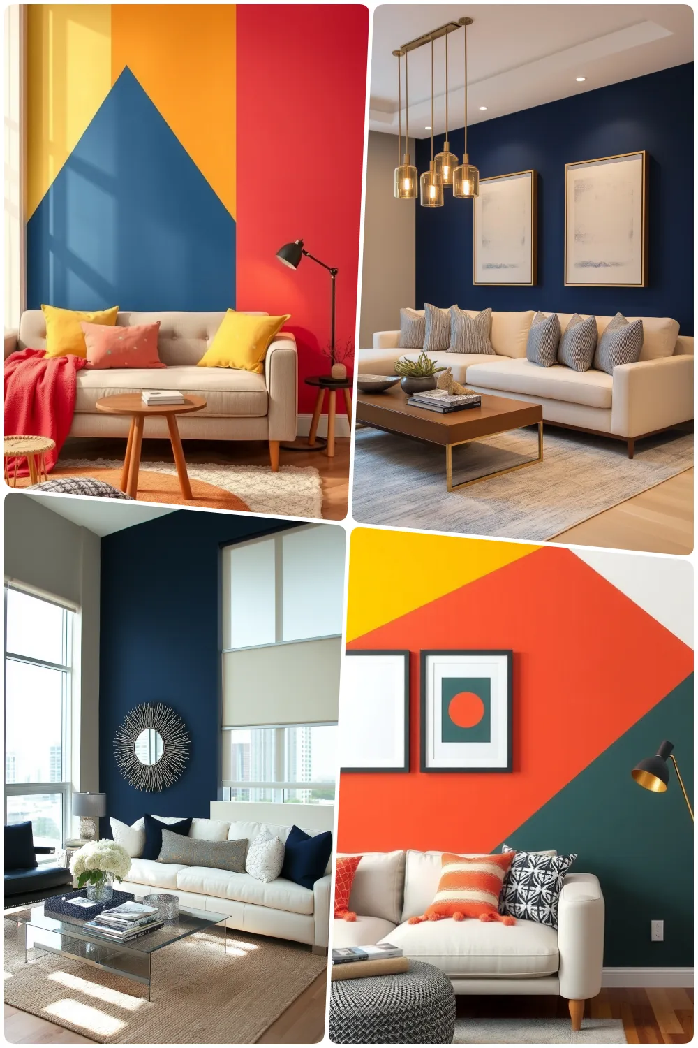 Bold accent walls in modern living rooms featuring vibrant geometric patterns and stylish decor