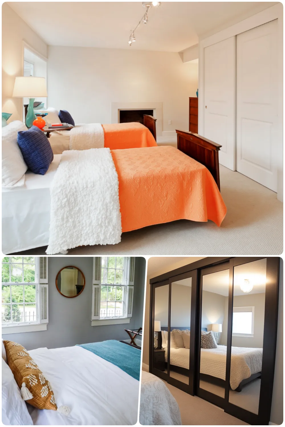 Bright bedroom with orange quilted beds and stylish decor including a mirror and cozy pillows