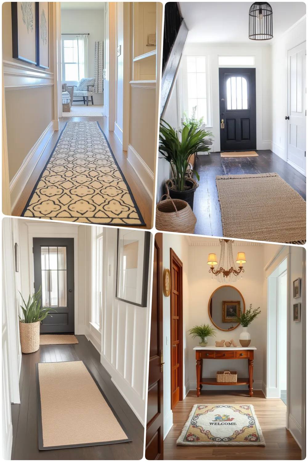 Bright entryways with patterned runners and welcoming decor in a cozy home setting