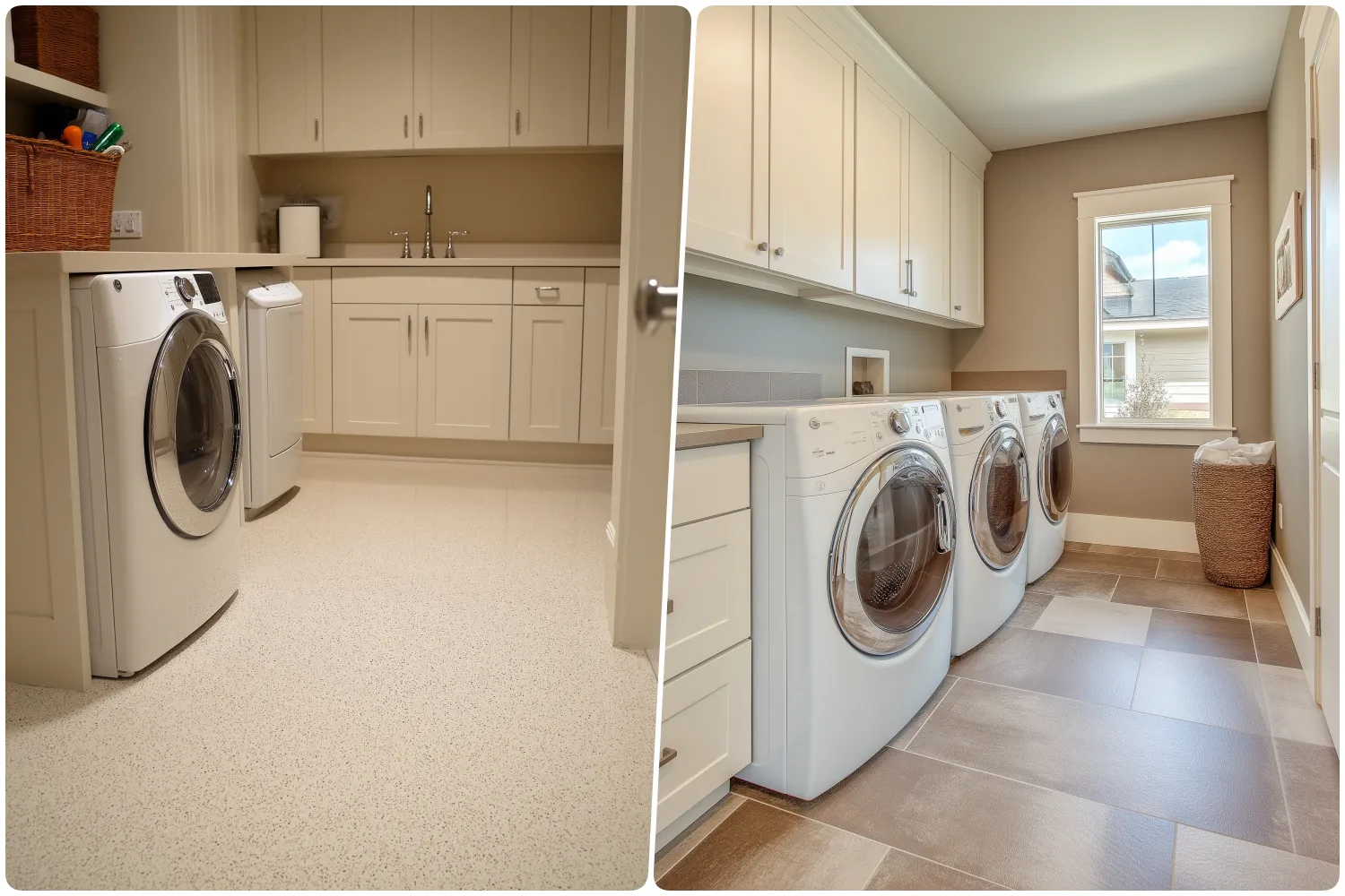 Bright laundry room design featuring modern washers spacious countertops and organized cabinets