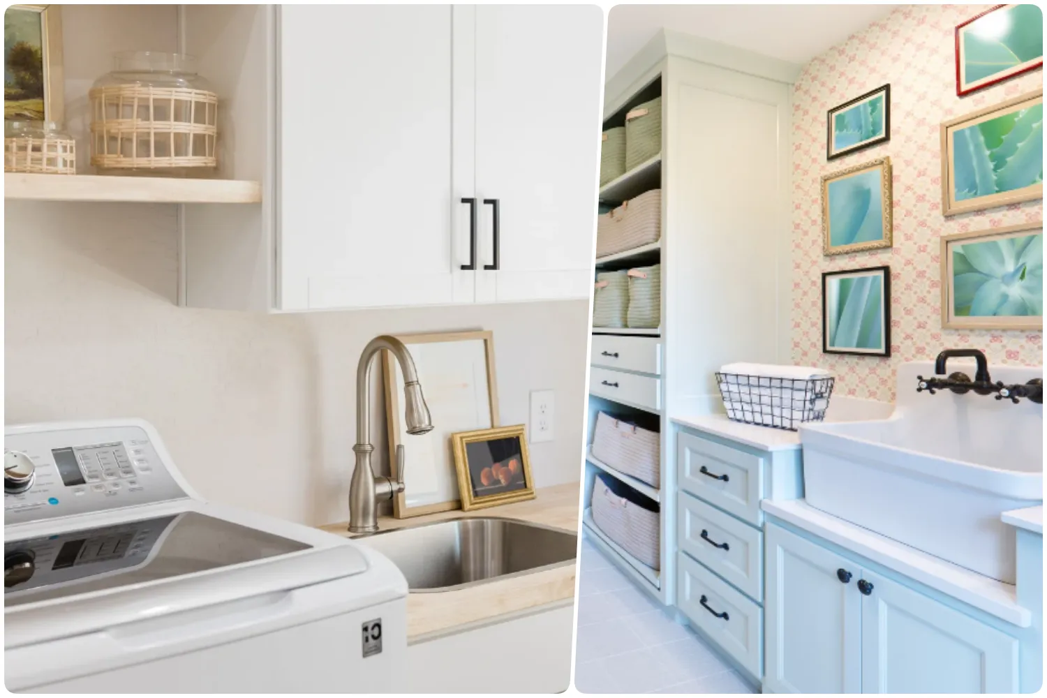 Bright laundry room with modern fixtures and decorative wall art in pastel tones