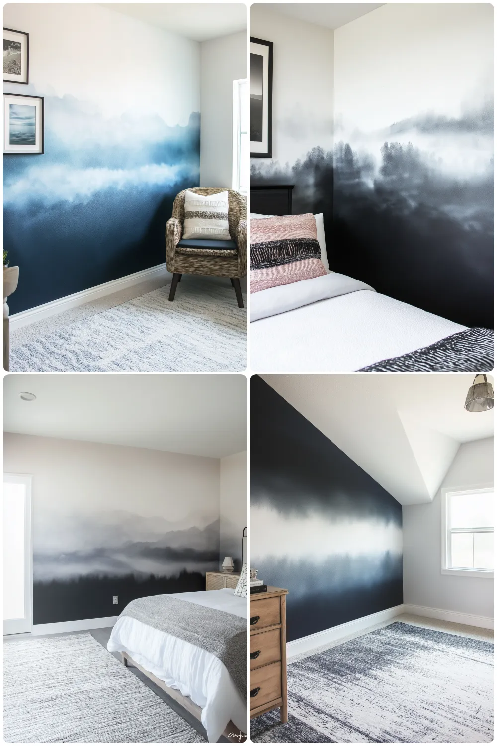 Calm bedrooms featuring beautiful gradient wall murals creating serene and stylish atmospheres