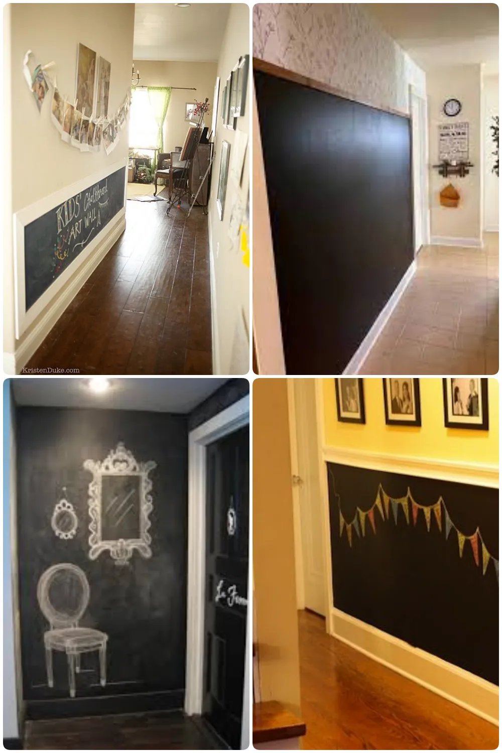 Chalkboard walls in hallways with art decor sketches and hanging photo displays