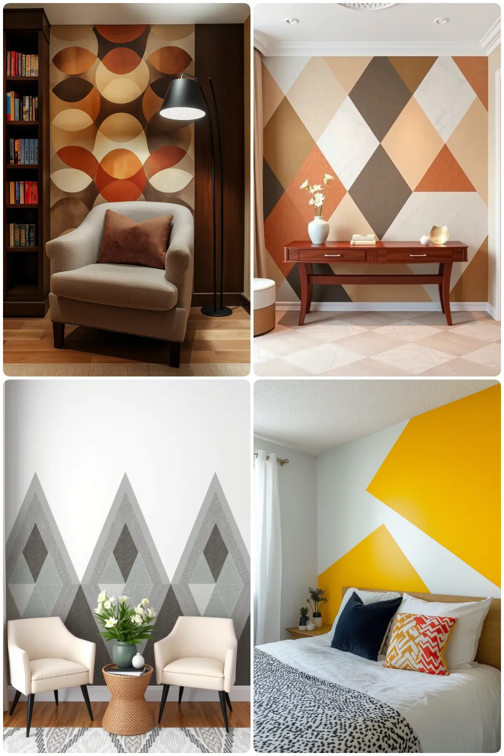 Chic interiors with bold geometric accent walls in warm and vibrant colors enhancing cozy spaces