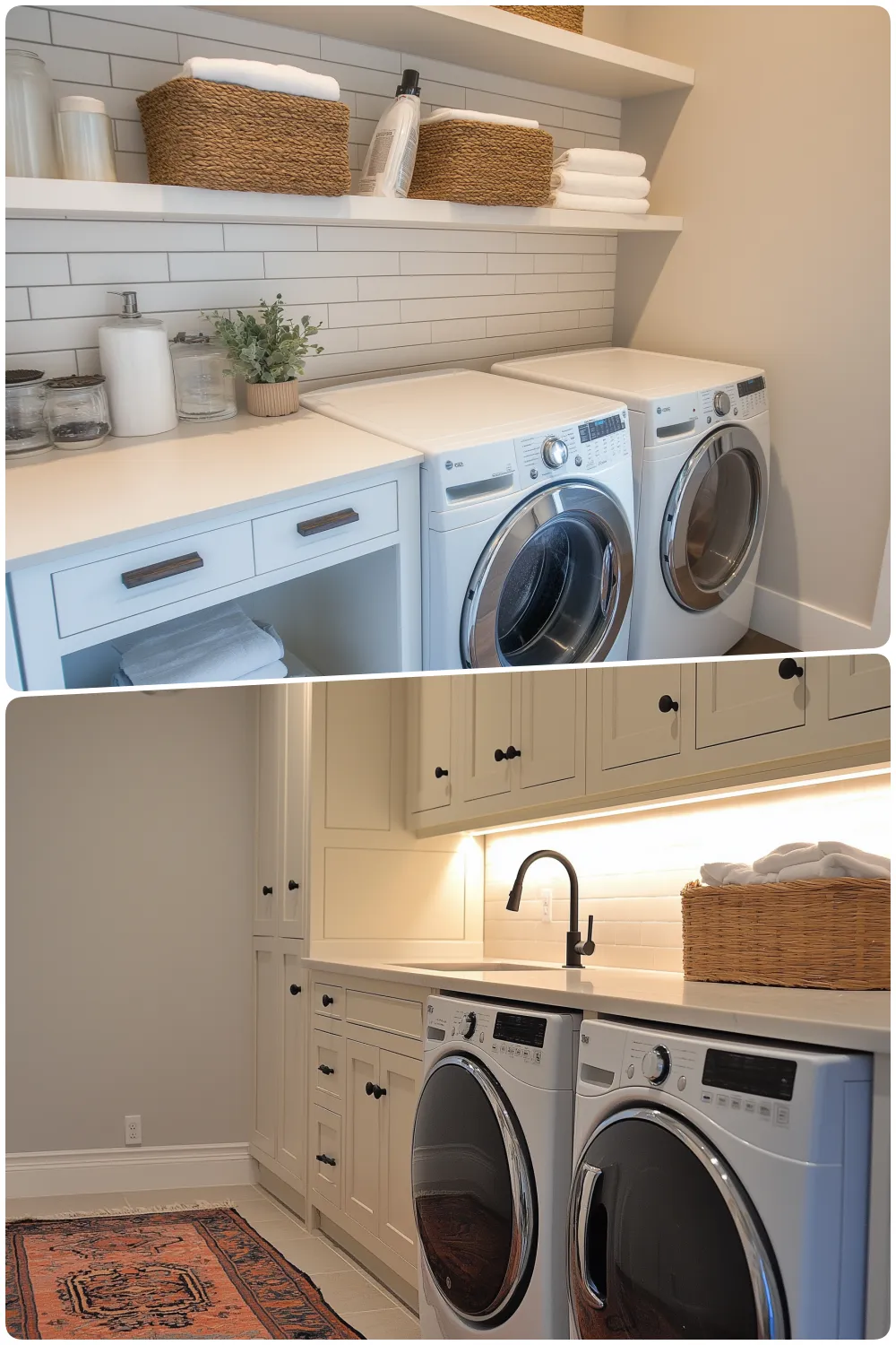 Chic laundry room featuring sleek appliances organized shelves and stylish decor elements