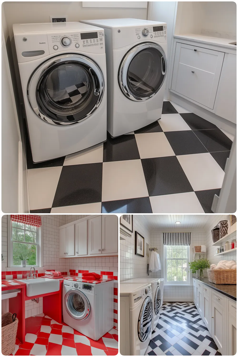 Chic laundry rooms with bold checkerboard patterns and stylish appliances