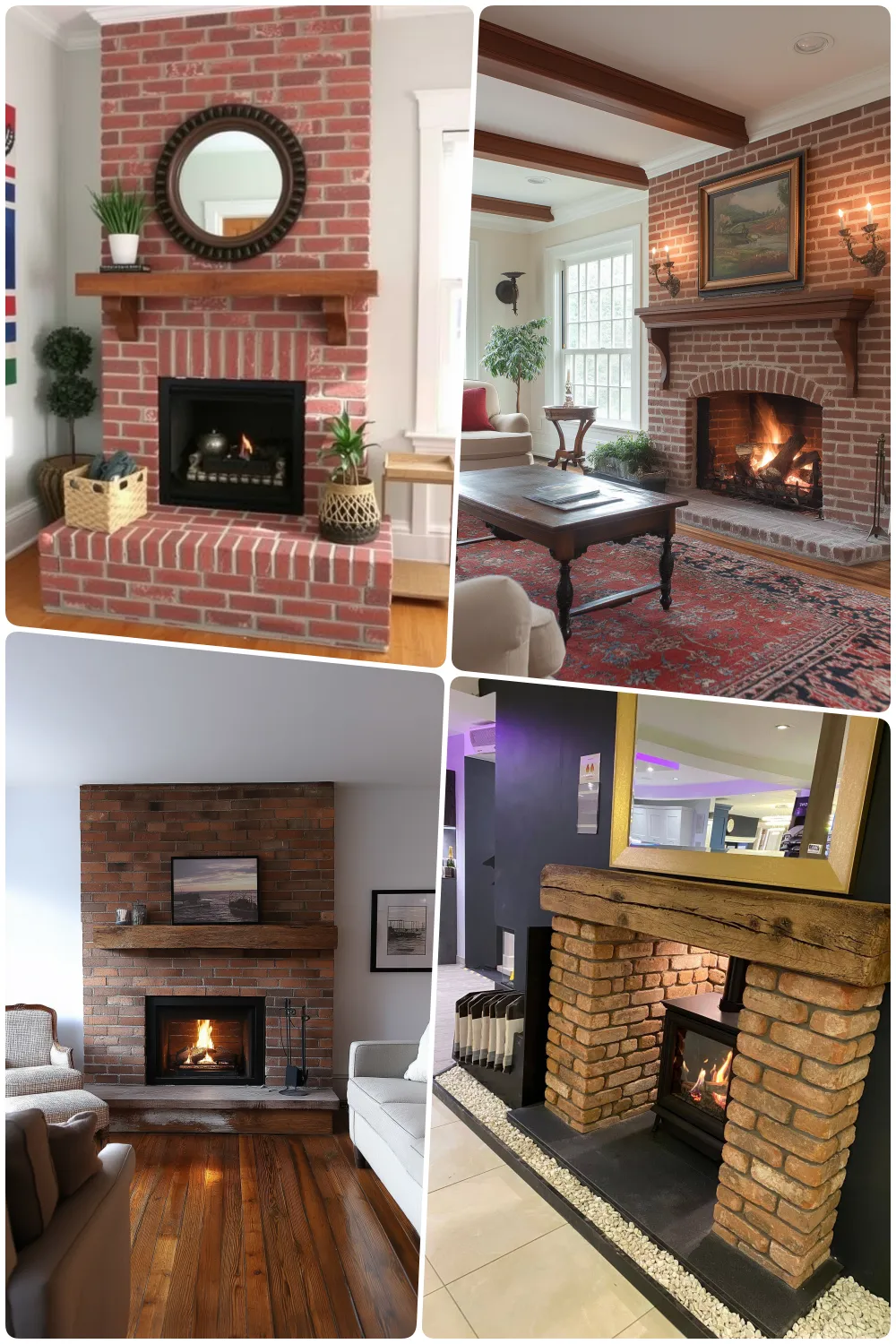 Classic brick fireplaces with wooden mantels enhance cozy interiors with timeless charm