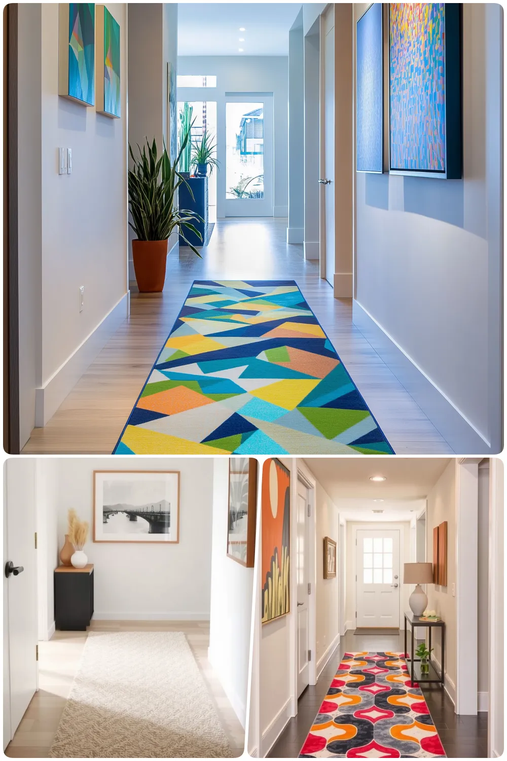 Colorful hallway decor with geometric rugs and modern wall art designs