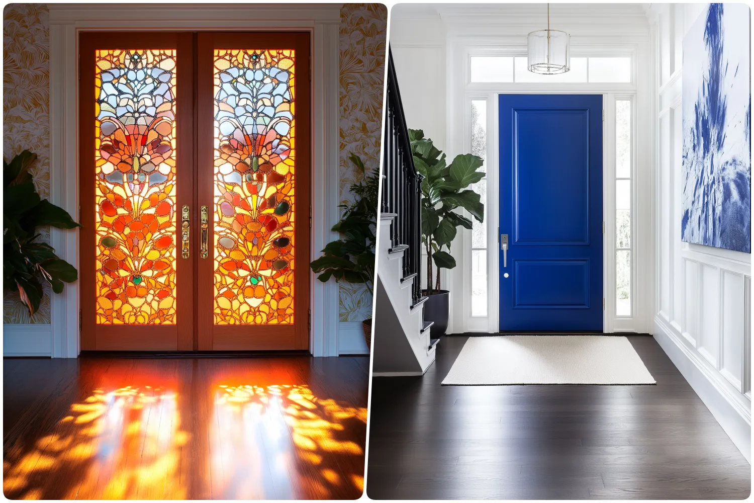 Colorful stained glass doors and a modern blue front door in stylish entryways