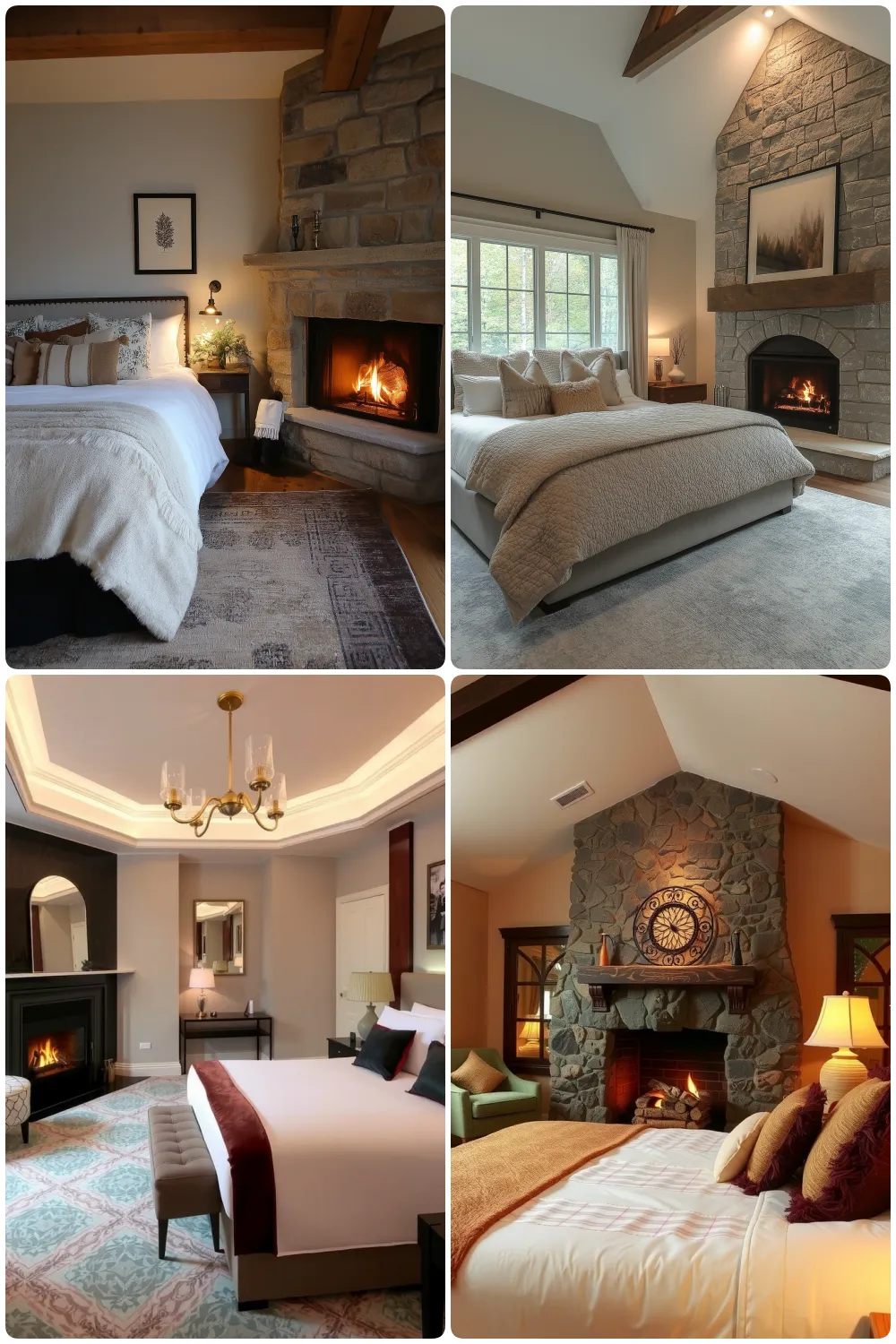 Cozy bedroom designs featuring stone fireplaces plush bedding and warm lighting