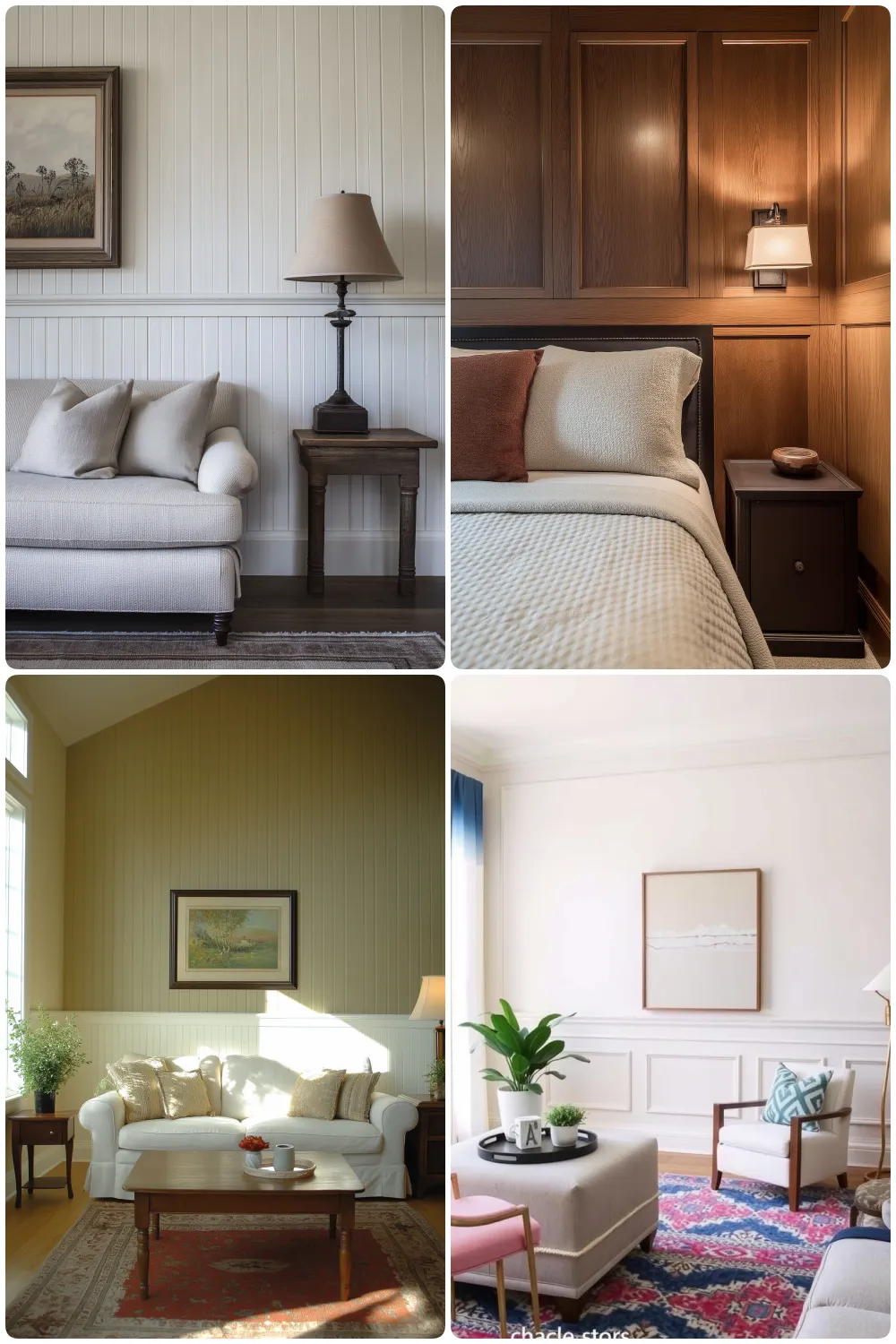 Cozy interiors with neutral color palettes featuring classic furnishings and warm textures, Shiplap, beadboard, or wooden panels