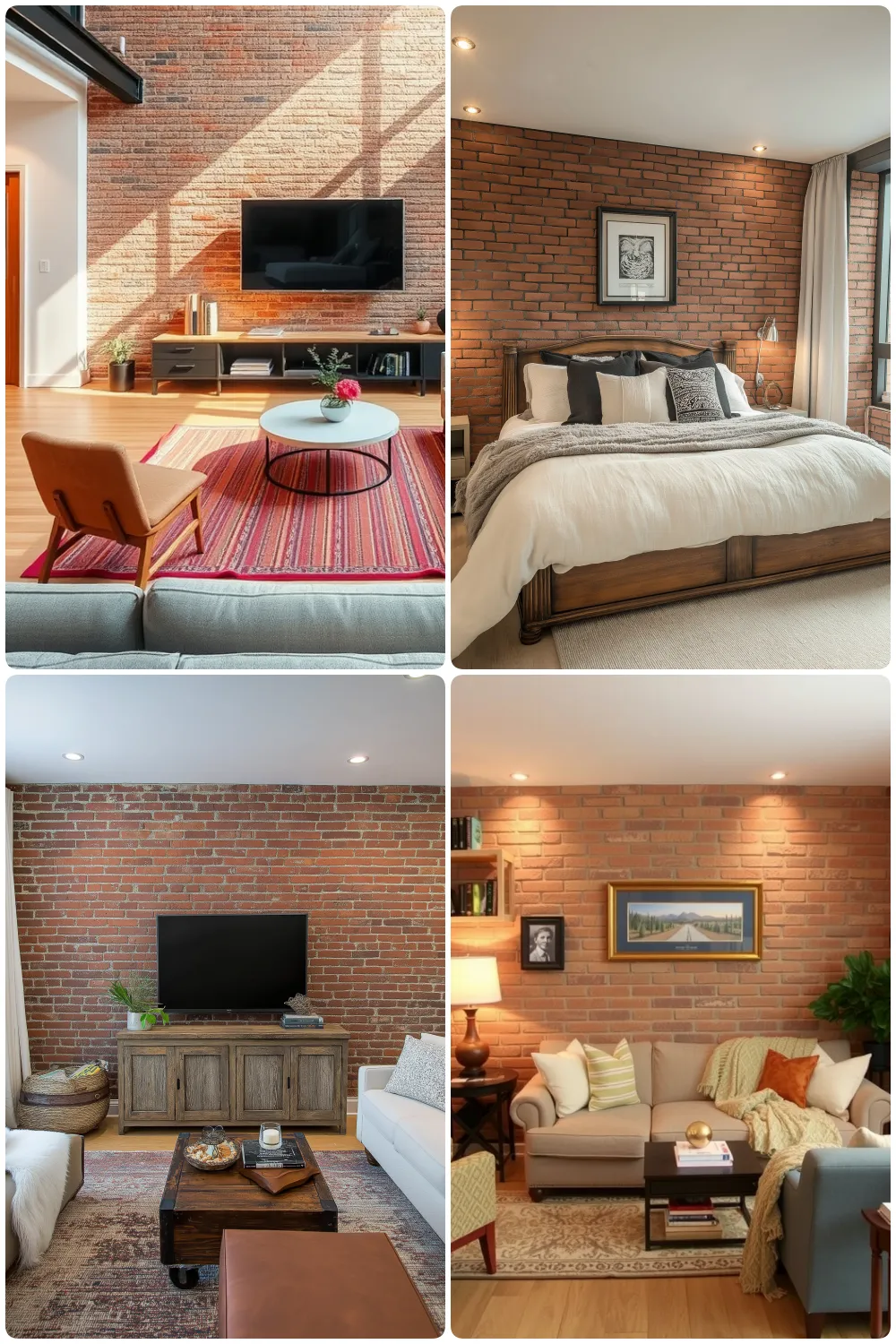 Cozy living and bedroom spaces featuring stylish exposed brick walls and modern furnishings