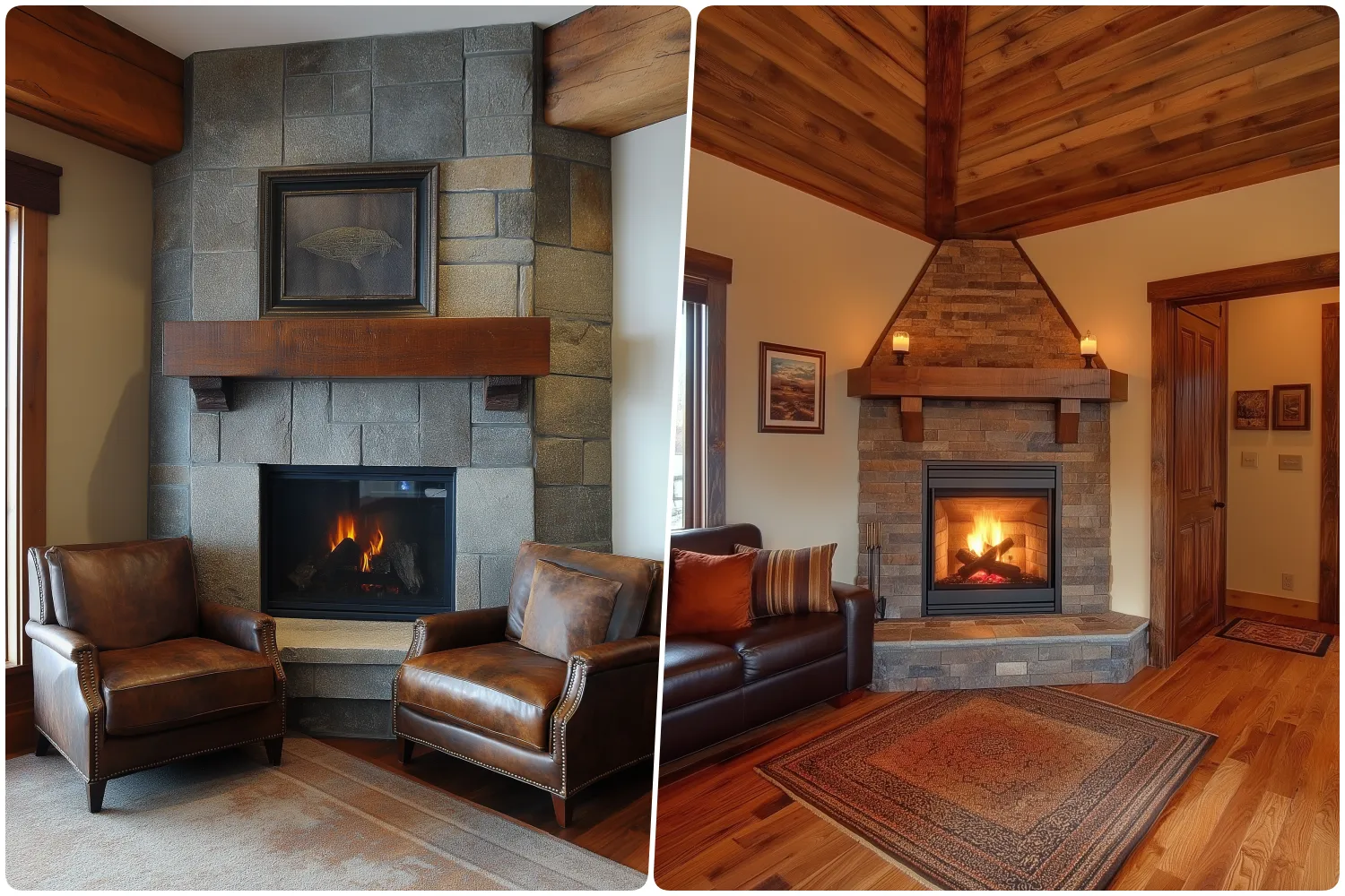 Cozy stone fireplaces with wooden mantels create inviting and warm living room settings