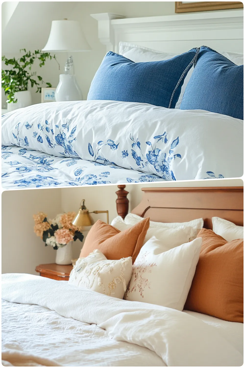 Elegant bedding with blue floral designs and cozy pillows in a charming bedroom setting