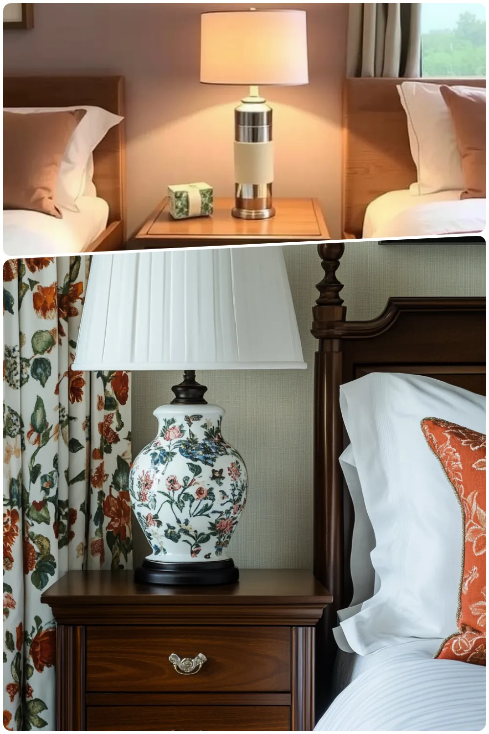 Elegant bedside lamps showcasing modern and classic styles with decorative floral accents