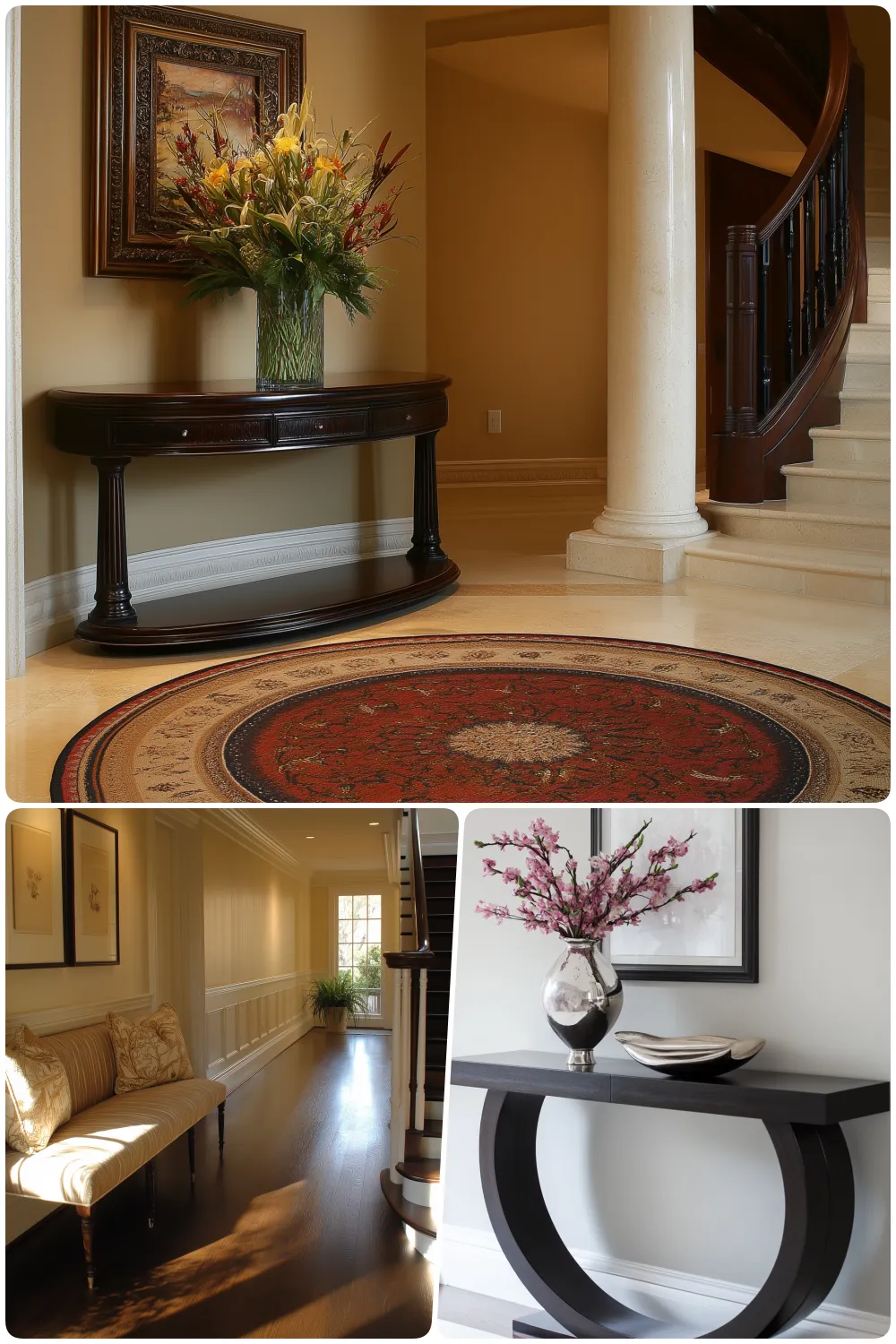 Elegant entryway featuring floral arrangements stylish rugs and sophisticated furniture designs