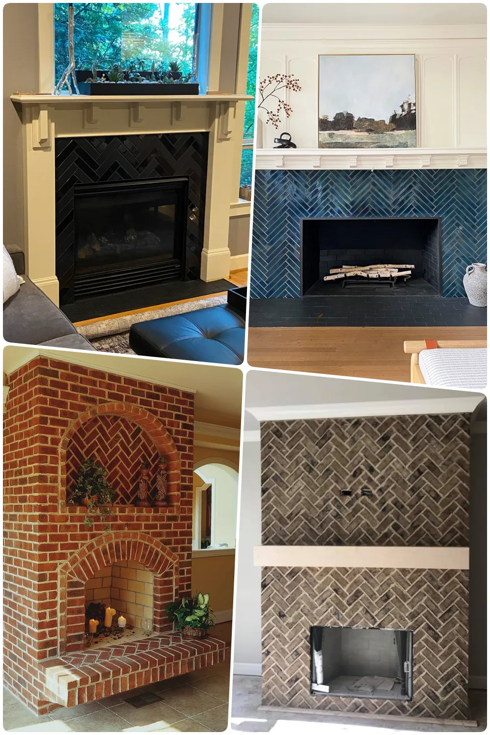 Elegant fireplaces with herringbone patterns in various materials create modern stylish focal points