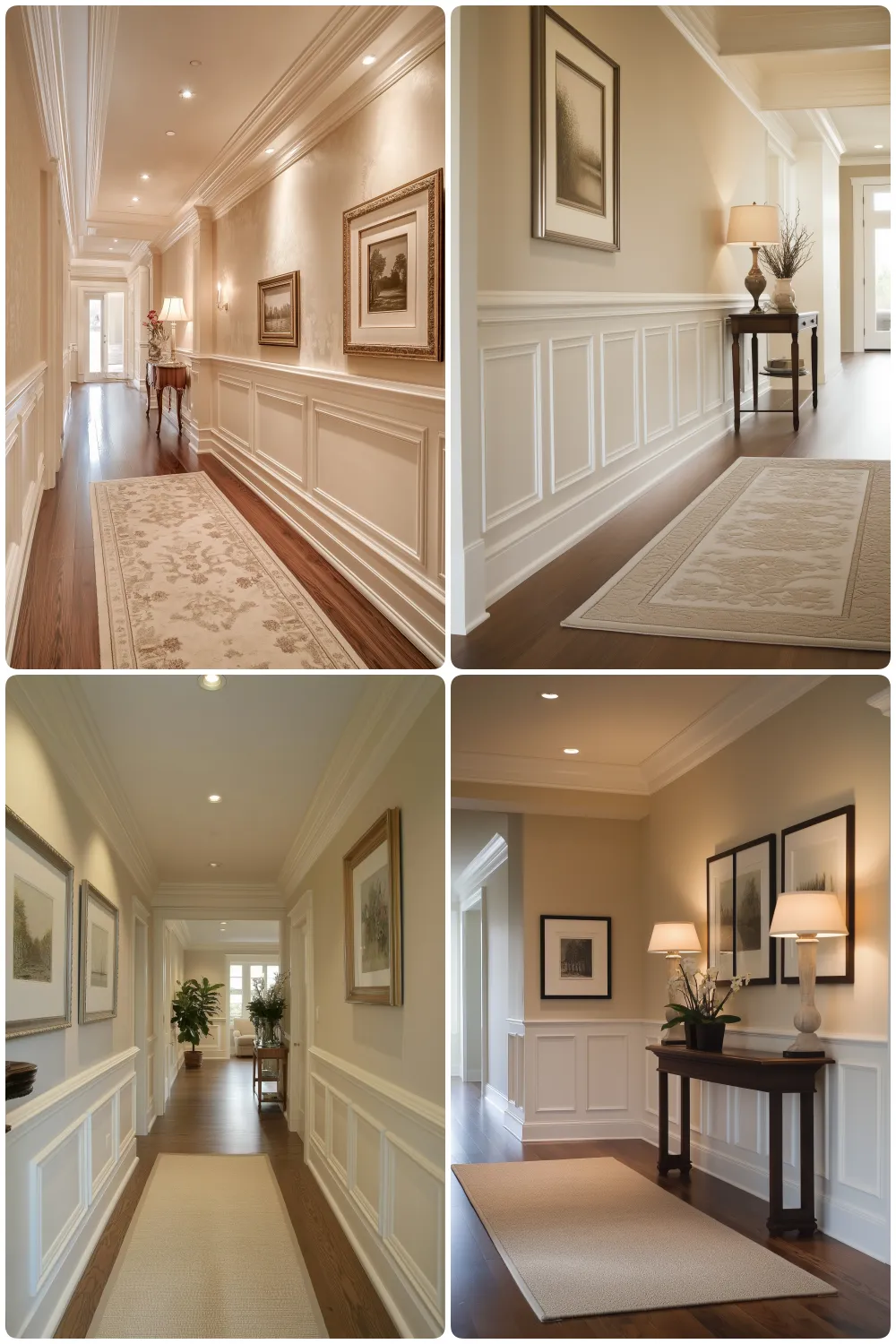 Elegant hallways with decorative wainscoting and framed art in a warm color palette