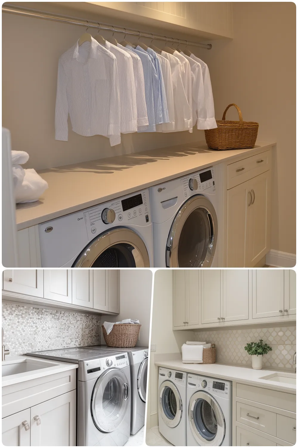 Elegant laundry room displaying hanging shirts modern washers and organized countertop space