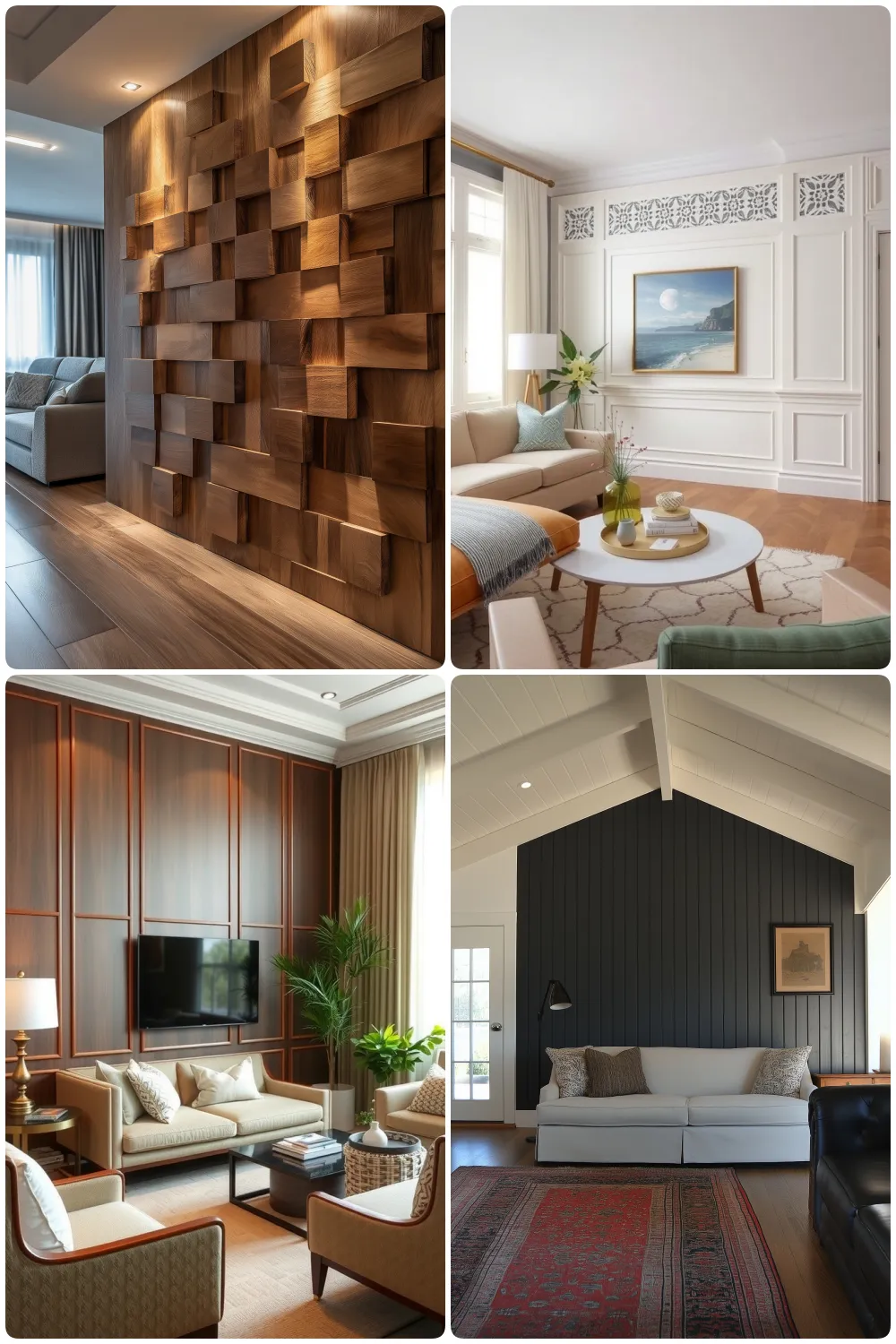 Elegant living spaces featuring textured wood walls and modern decor with sophisticated details