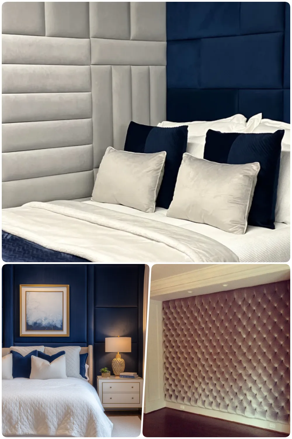 Elegant soft accent walls in shades of navy and gray enhance bedroom decor with plush textures