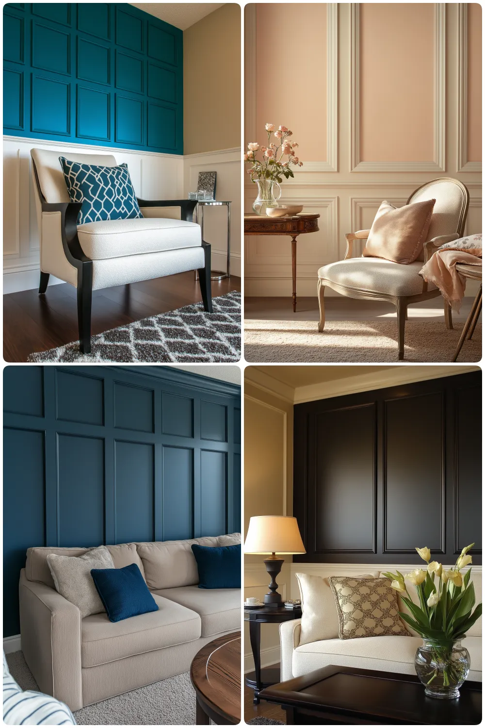 Four elegant seating areas showcasing textured wall designs living room wood trim Wainscoting