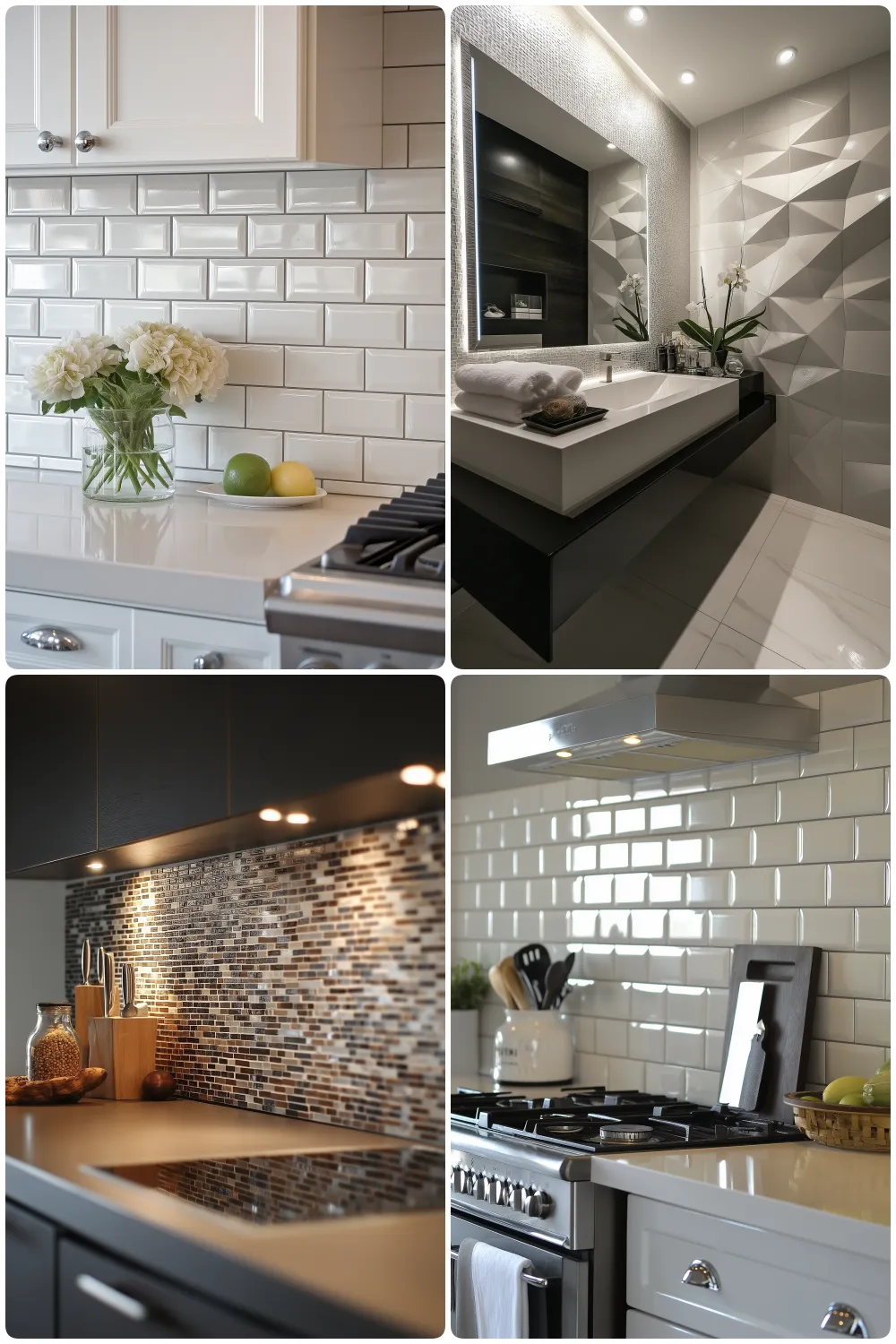 Four modern kitchens and bathrooms featuring stylish tile work sleek appliances and decor