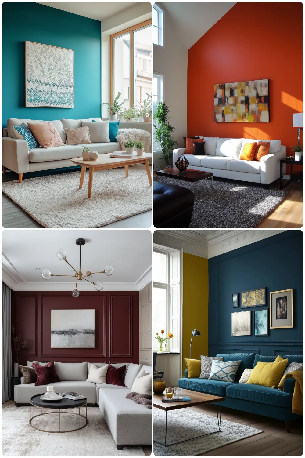 Four modern living room designs featuring colorful walls stylish furniture and decor