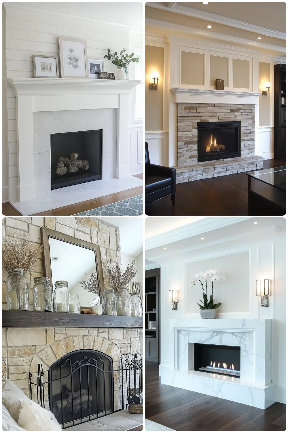 Four stylish fireplace designs featuring white marble rustic stone and elegant decor elements