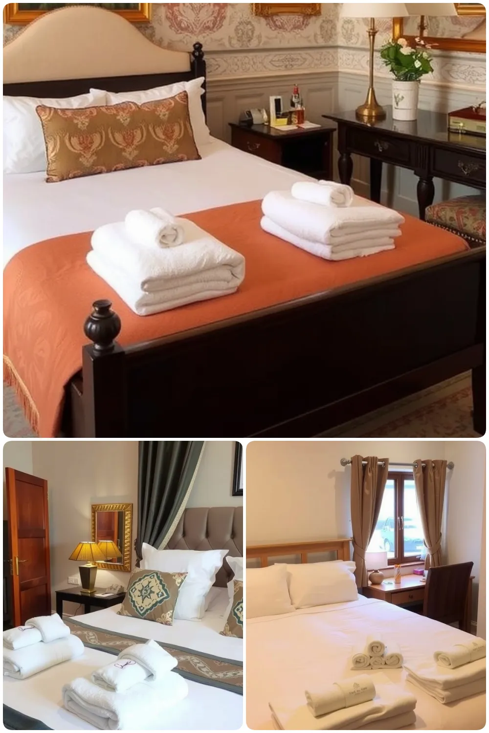 Luxurious guest rooms featuring elegant decor plush bedding and neatly arranged towels