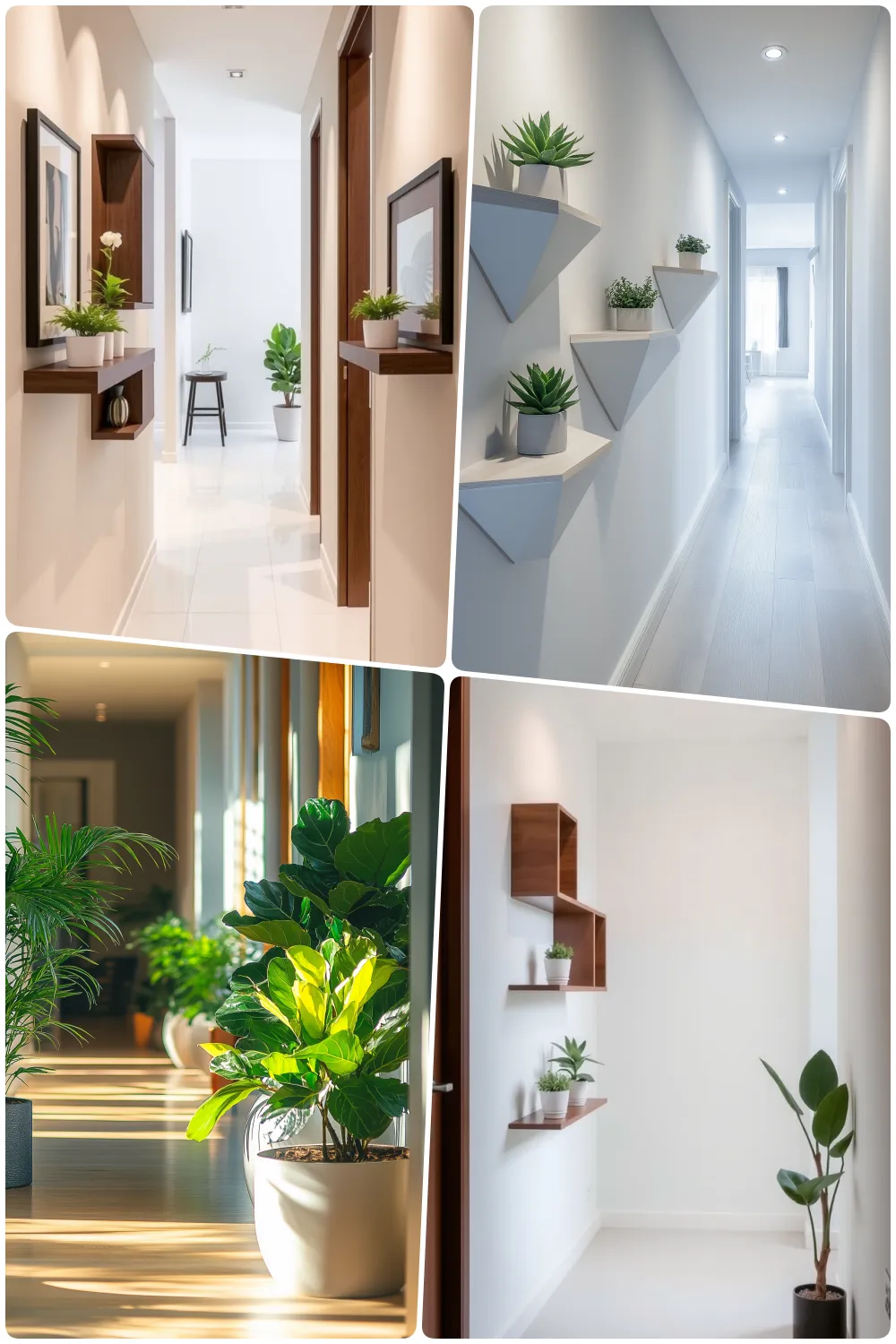 Modern hallway decor featuring stylish plants and minimalist shelving in bright spaces