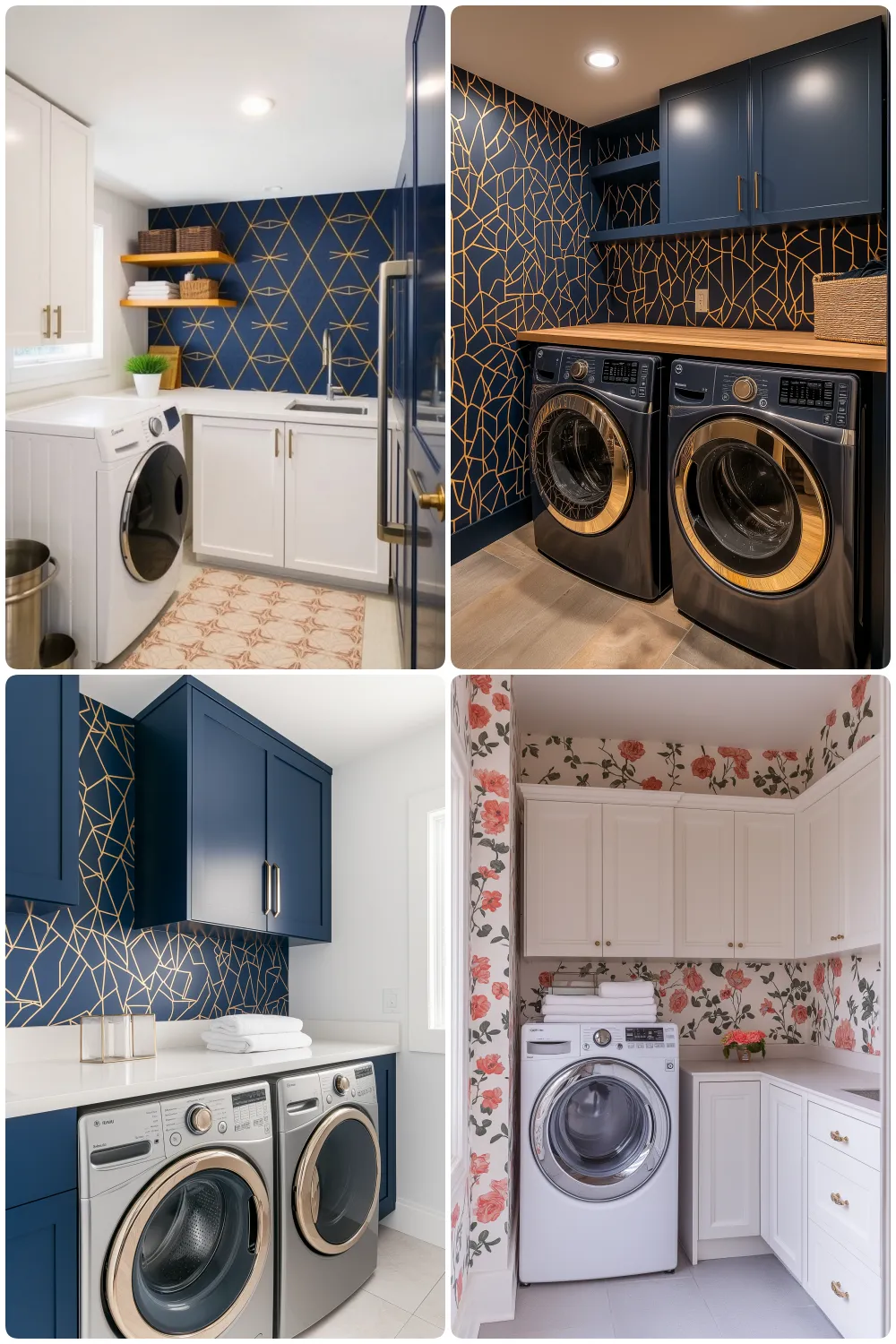 Modern laundry rooms in various styles featuring navy and floral designs wallpaper with sleek appliances