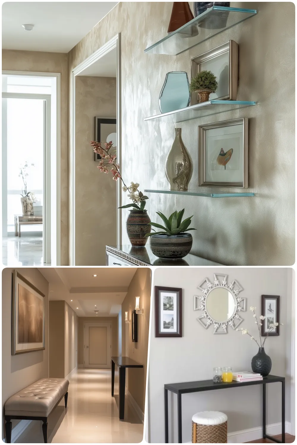 Sleek hallway decor with modern shelving elegant plants and stylish lighting accents